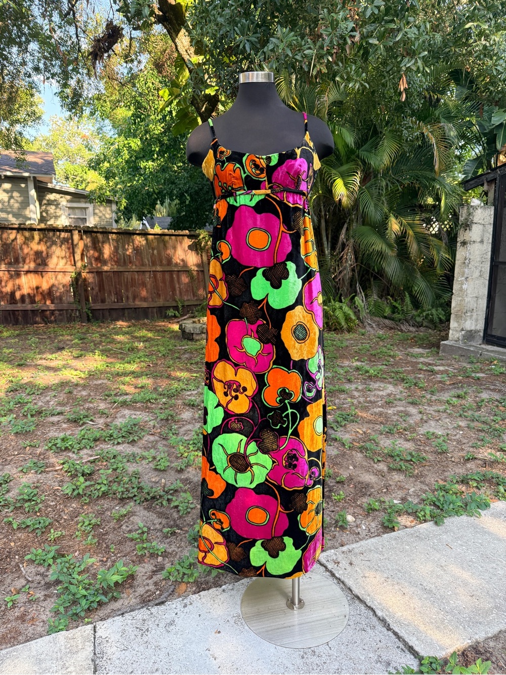 Vintage 1960s MIA Boutique Bright Floral Velvet Maxi Dress